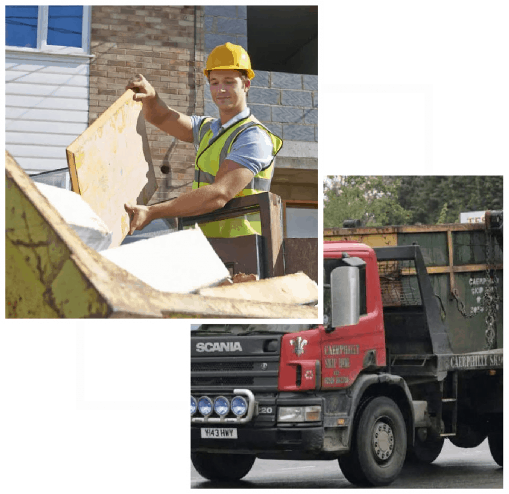 Skip hire worker removing waste from a skip next to a red skip delivery vehicle